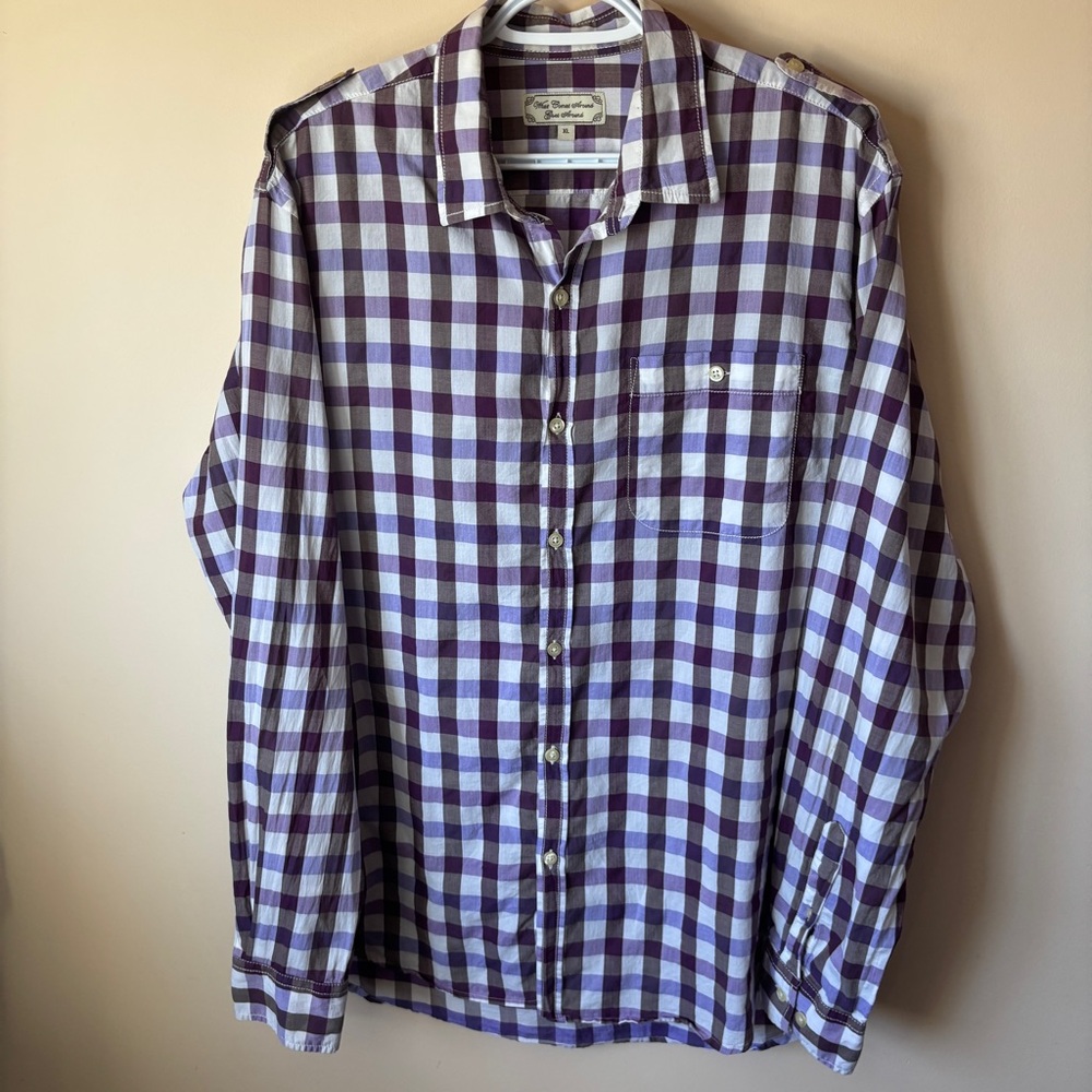 What Comes Around Goes Around Men’s Button Down Shirt Purple & White Plaid Grad